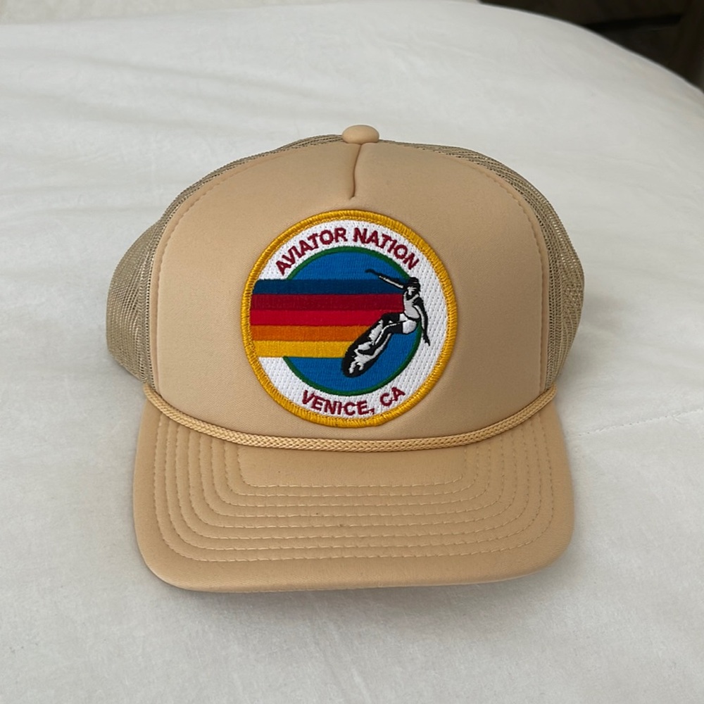 Aviator Nation Tan Trucker Hat with Rainbow Patch